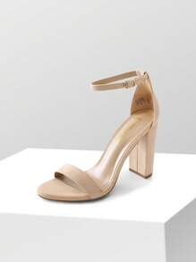 Women Chunky High Heeled Sandals, Fashionable Solid Color Ankle Strap Open Toe Party Dance Heels - 杏色/牛巴革 - 查看 4