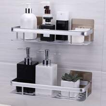 廁所/廚房掛壁收納架,帶鉤和毛巾杆,浮動式收納架,浴室組織盒,無需鑽孔安裝 - 銀色 - 查看 2