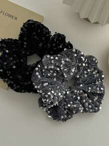 1pc Ladies Velvet Sequined Scrunchies Headdress High Elasticity Hair Tie Rope Head Rope Rubber Band Suitable For Daily Use - Silver - View 3