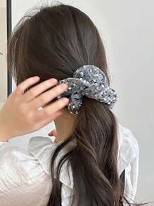 1pc Ladies Velvet Sequined Scrunchies Headdress High Elasticity Hair Tie Rope Head Rope Rubber Band Suitable For Daily Use - Silver - View 2