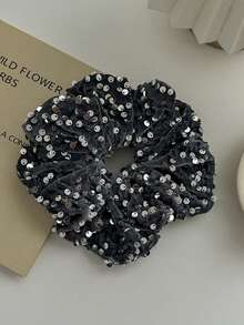 1pc Ladies Velvet Sequined Scrunchies Headdress High Elasticity Hair Tie Rope Head Rope Rubber Band Suitable For Daily Use - Silver - View 6