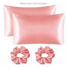 2pcs Envelope Closure Satin Pillow Cases+2pcs Scrunchies Set, Solid Color Bedding, Silky Soft & Breathable Pillowcases , Smooth Pillow Cover For Living Room Sofa Bedroom Hotel Use, Without Pillow Filler