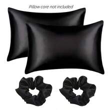 2pcs Envelope Closure Satin Pillow Cases+2pcs Scrunchies Set, Solid Color Bedding, Silky Soft & Breathable Pillowcases , Smooth Pillow Cover For Living Room Sofa Bedroom Hotel Use, Without Pillow Filler