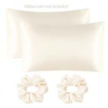 2pcs Envelope Closure Satin Pillow Cases+2pcs Scrunchies Set, Solid Color Bedding, Silky Soft & Breathable Pillowcases , Smooth Pillow Cover For Living Room Sofa Bedroom Hotel Use, Without Pillow Filler