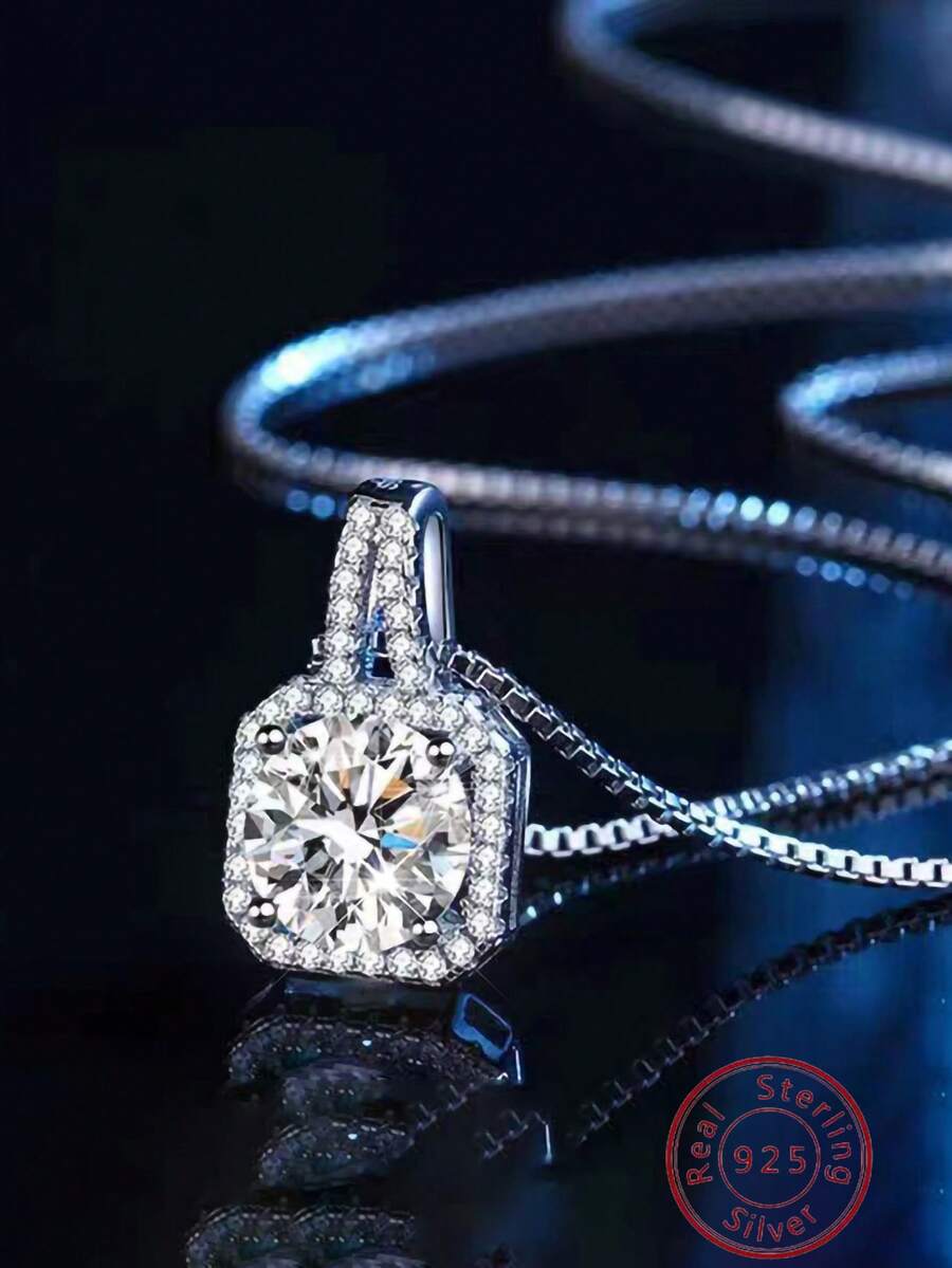 正品925銀莫桑比克鑽石女士項鍊,新設計方形鋯石吊墜,超級閃耀鎖骨鏈,獨特高端禮物 - 純銀莫桑石方鑽項鍊 - 查看 1