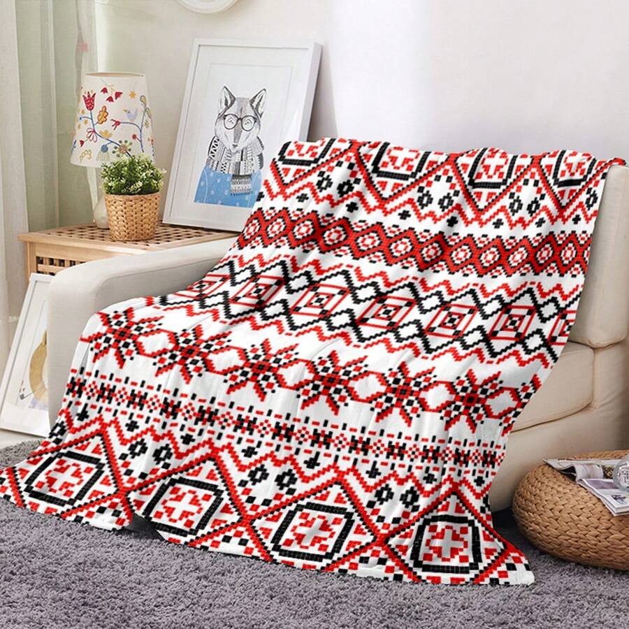 1pc Christmas Element Pattern Retro Style Polyester Rectangular Printed Detail Warm Blanket, Suitable For Christmas Home Use - Red - View 1