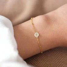 1pc New Classic Round Letter Adjustable Stainless Steel Beaded Chain Bracelet, Women - Yellow Gold - View 1