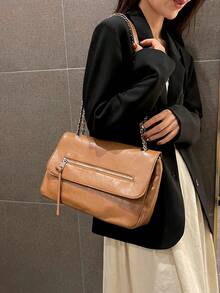 low tea 1件實色 Pu 皮革磁扣攜帶式時尚手提袋,適合女性日常使用 - 棕色 - 查看 6