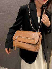 low tea 1件實色 Pu 皮革磁扣攜帶式時尚手提袋,適合女性日常使用 - 棕色 - 查看 5