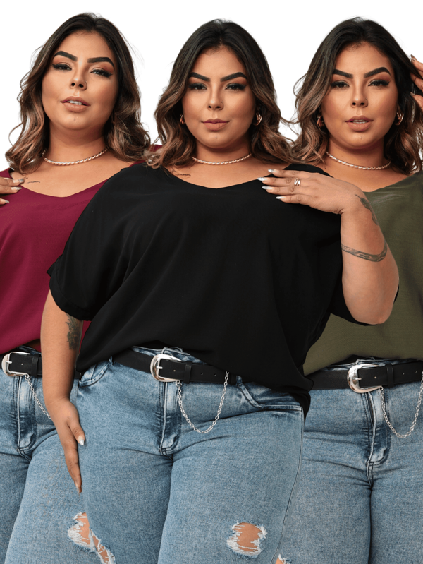 Kit 3 Blusa Feminina Manga Asa de Morcego Básica Casual Decote V Plus Size Social