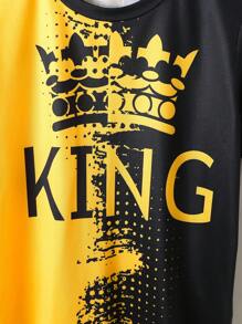 2 Pieces Set Tween Boys Casual Patchwork King Print Short Sleeve T-Shirt & Matching Shorts, Spring/Summer