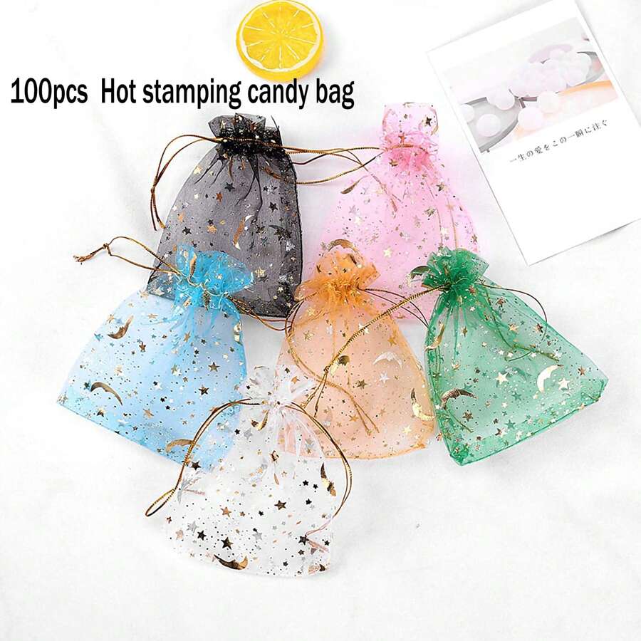 100入組星空月亮織帶禮袋,適用於珠寶、化妝品和禮品包裝,完美浪漫 - 黃色 - 查看 1