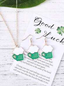 2入組聖帕特裡克節復古套裝,包括綠色帽子,啤酒,和矮人吊墜耳環,項鍊,卡片禮物（女性用） - 綠色 - 查看 2