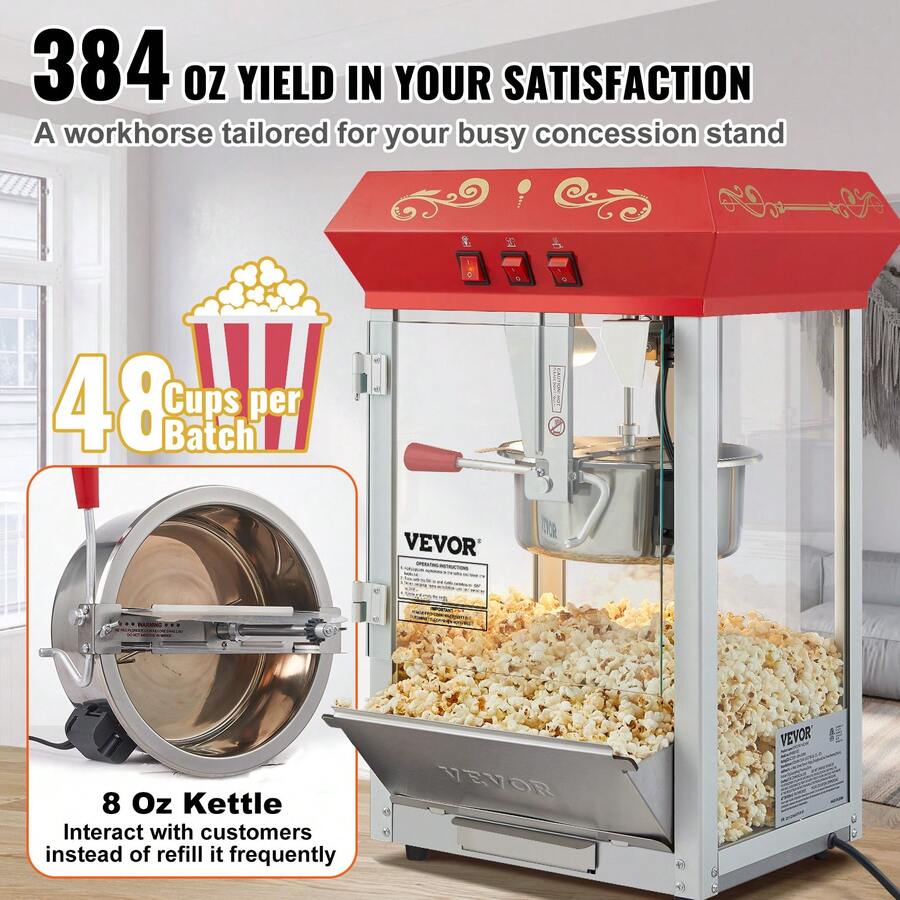 VEVOR Popcorn Machine, 8 Oz Kettle, 850 W Countertop Popcorn Maker For