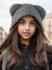 针织冬帽，带有可爱的小熊设计，温暖舒适，适合秋冬季，适合寒冷地区，女孩厚毛绒帽子，带有耳朵保护和绒球装饰，柔软的毛绒衬里和保暖设计 - 灰色 - 查看 1