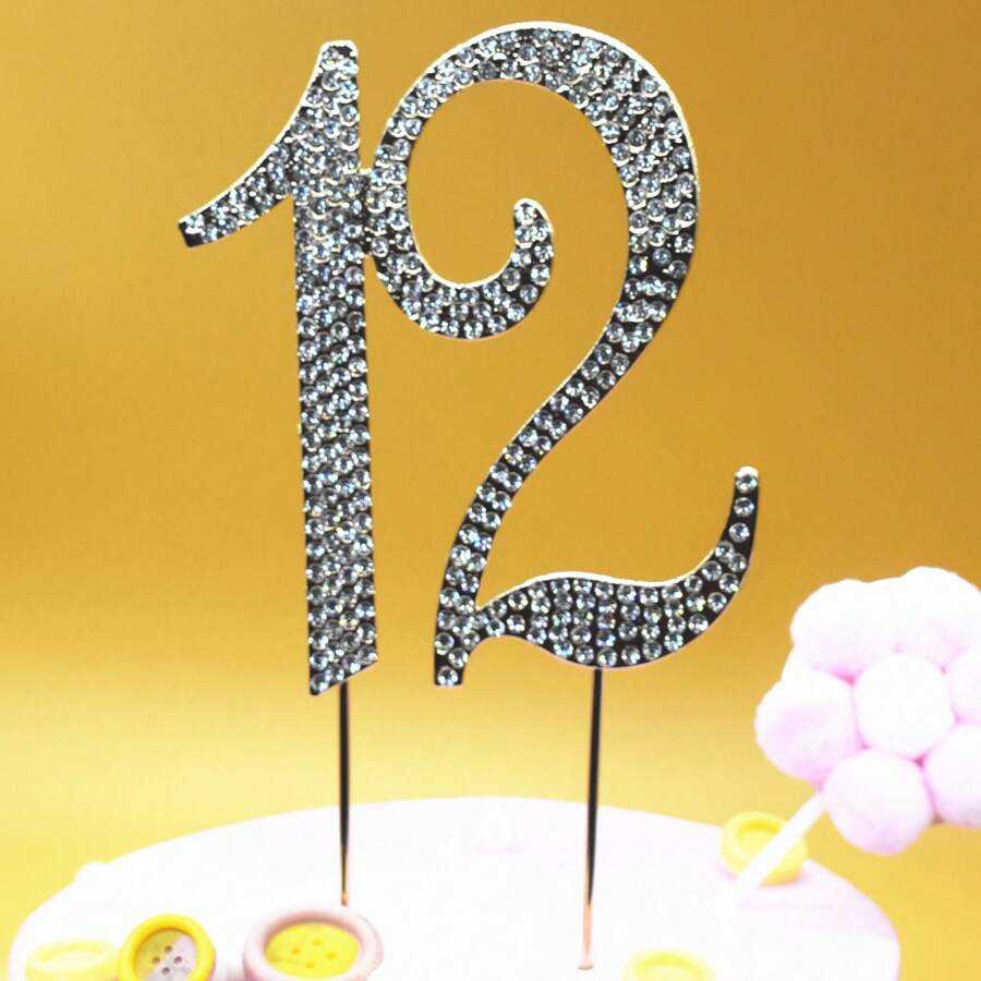 Cake Insert Birthday Accessories Cake Decorations Birthday Party 12 Years Old Rhinestone Cake Insert (12 Silver) - Silver - View 1
