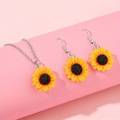 3pcs/Set Fashionable Personalized Sunflower Shaped Pendant Necklace & Earrings For Women, Ideal Gift For Girlfriend And Mom