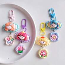 1pc Cartoon Flower Girl Shaped Pendant Resin Decoration Spring Clip Zipper Pull Cute Bag Accessory For Women's Daily Use, Dating, Gift Key Chain Charms - Hot Pink - View 4