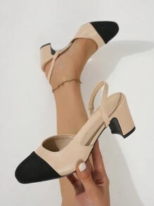 女士粗跟涼鞋，性感拼色圓頭涼拖鞋，適用於休閒婚禮鞋、時尚裙裝鞋 - 杏色 - 查看 4