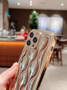1pc Gold Plated 3d Ripple Full Coverage Phone Case Compatible With IPhone 15/14/13/12/11 - Gold - View 3