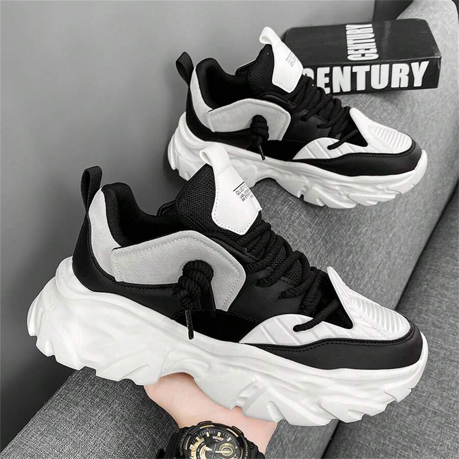 男鞋新款春季戶外休閒運動鞋耐磨防滑跑步鞋厚底多功能厚底鞋 - 黑與白 - 查看 1