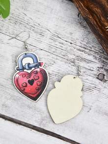 1對新情侶鎖木製垂墜耳環,女性長款心形掛墜耳環珠寶 - 酒紅色 - 查看 4