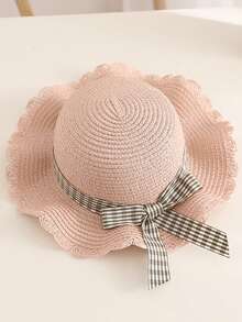 女孩們的新款可愛公主風格格子蝴蝶結編織帽,日常穿搭防曬沙灘帽 - 粉色 - 查看 3