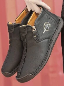 男士冬季新款靴子,大尺寸,休閒手工皮鞋,耐磨耐滑,時尚秋冬靴 - 黑色 - 查看 1