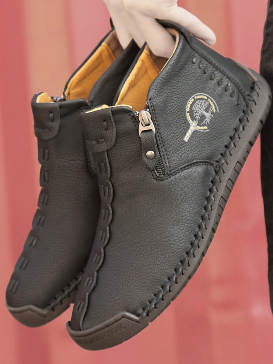 男士冬季新款靴子,大尺寸,休閒手工皮鞋,耐磨耐滑,時尚秋冬靴 - 黑色 - 查看 1