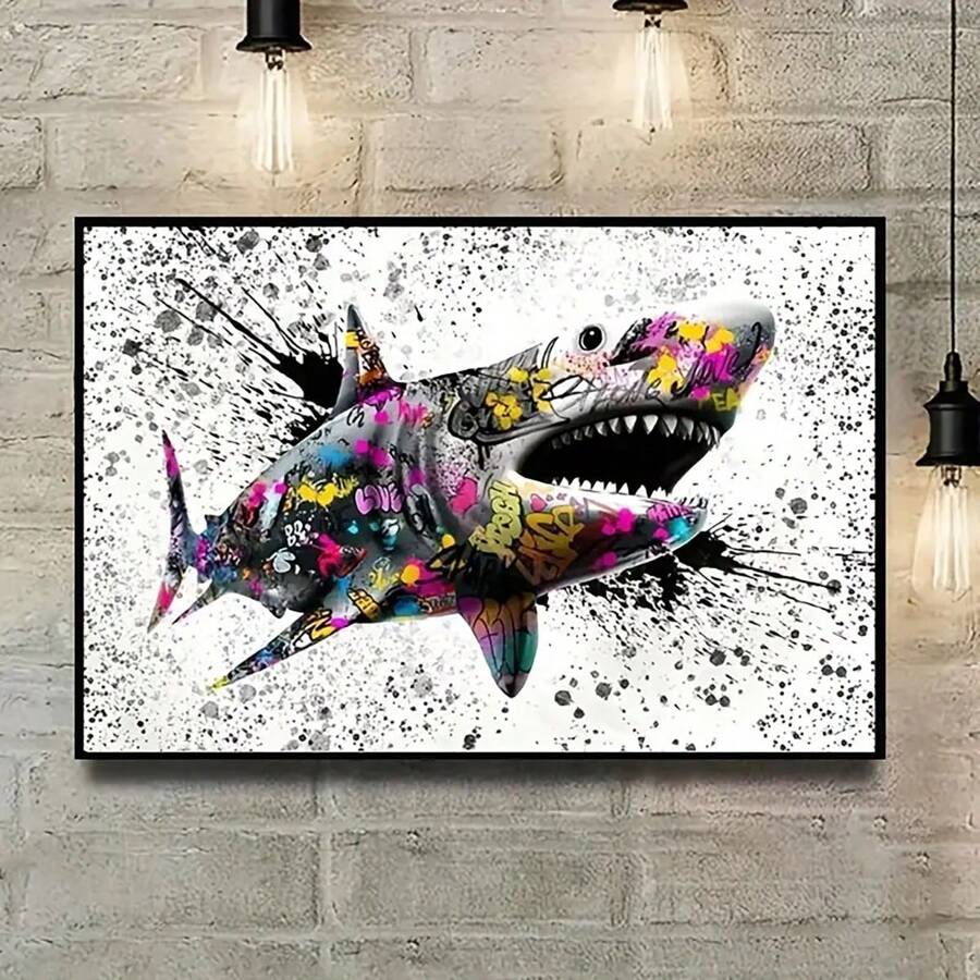 FajerminArt 1幅塗鴉動物藝術畫布油畫,多彩的鯊魚,海報印刷,裝飾房間家庭牆壁藝術畫,無框 - 彩色 - 查看 1