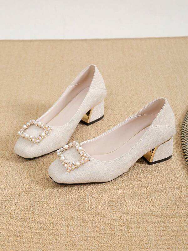 Women's Plus Size Two-Way French Style Wide Width High Heels, Pearl Detail Square Buckle Pumps