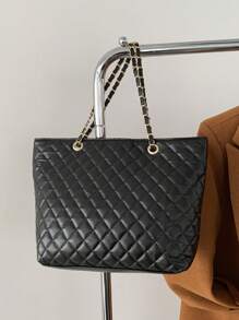 棉異材質大容量手提包pu皮革紋理肩袋,適用於工作和學校的休閒,手提包手袋肩袋大型時尚袋新的秋冬手提包手袋電腦錢包辦公室手提包 - 黑色 - 查看 3