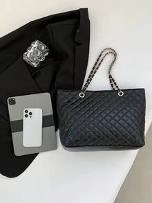 棉異材質大容量手提包pu皮革紋理肩袋,適用於工作和學校的休閒,手提包手袋肩袋大型時尚袋新的秋冬手提包手袋電腦錢包辦公室手提包 - 黑色 - 查看 5