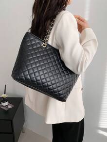 棉異材質大容量手提包pu皮革紋理肩袋,適用於工作和學校的休閒,手提包手袋肩袋大型時尚袋新的秋冬手提包手袋電腦錢包辦公室手提包 - 黑色 - 查看 2