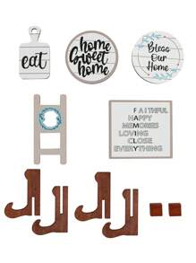 溫馨家居系列桌面裝飾套裝,包含木質牌匾和農舍風荷葉盤桶裝飾,適用於客廳,1套 - 彩色 - 查看 6