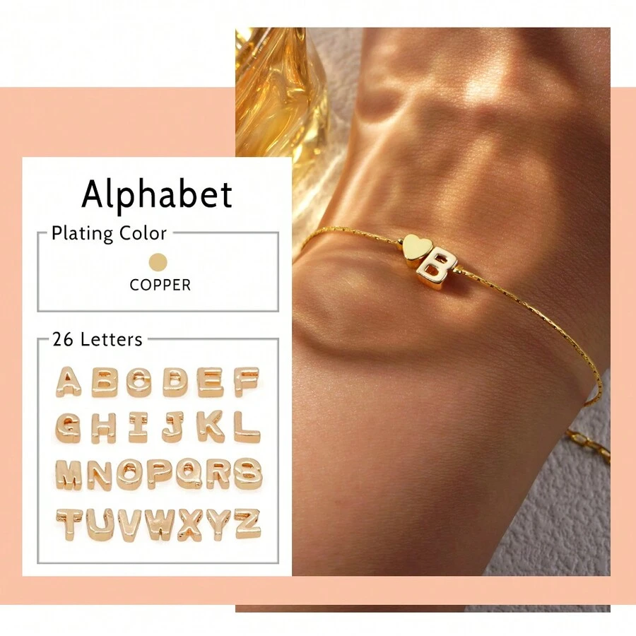 1 件 18k 鍍金鍊女式手鍊心形愛心吊飾字母 A-z 名字首飾時尚時尚設計