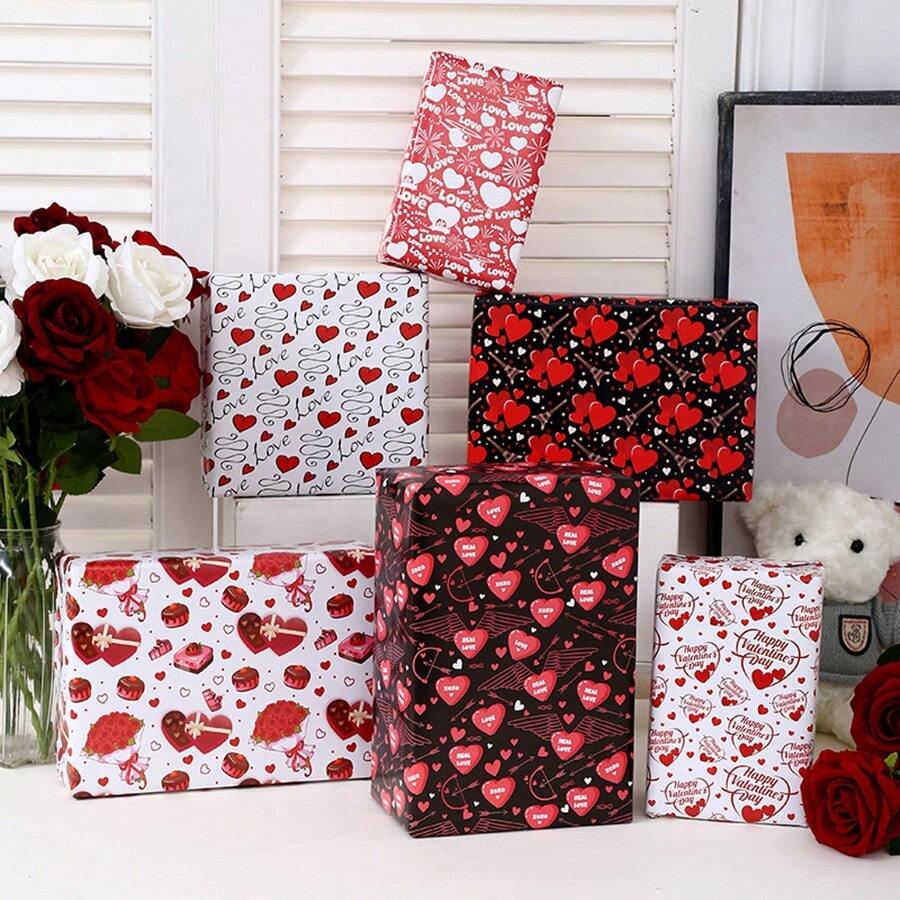 6Pcs Heart-Shaped Printed Packaging Paper Valentine'S Day Gift Box Packaging Paper Rose Holiday Gift Packaging - Multicolor - View 1