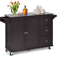 Kitchen Island With Stainless Steel Top, Kitchen Trolley On Wheels, Trolley With Drawers, Towel Holder & Spice Racks, Serving Trolley For Kitchen, Dining Room - Brown - View 1