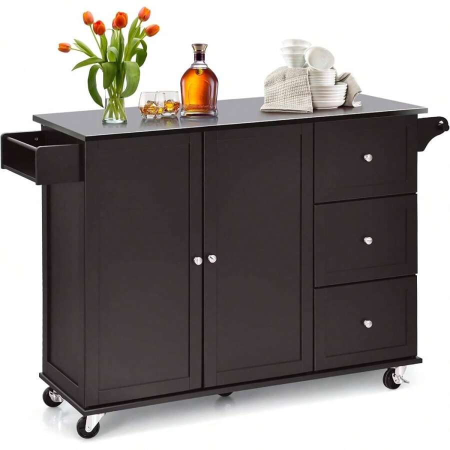 Kitchen Island With Stainless Steel Top, Kitchen Trolley On Wheels, Trolley With Drawers, Towel Holder & Spice Racks, Serving Trolley For Kitchen, Dining Room - Brown - View 1
