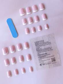 24pcs Short Square French Full Coverage Fake Nails Set To Upgrade Your Look! French Fake Nails, Full Coverage, Suitable For Women And Girls, Press-On Manicure Supplies. - Pink - View 3