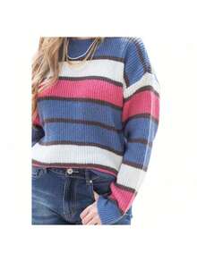 Jersey de dama de rayas  de cuello redondo de manga larga - Azul - Ver 3