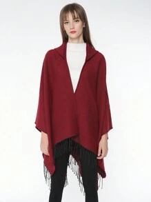 Poncho Capa Para Mujer Tipo Capa Con Capucha Chal Abrigo Borla Sueter Abrigo Tejido Capa Para Mujer - Rojo - Ver 4