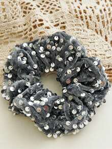 1pc Ladies Velvet Sequined Scrunchies Headdress High Elasticity Hair Tie Rope Head Rope Rubber Band Suitable For Daily Use - Silver - View 5