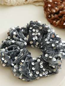 1pc Ladies Velvet Sequined Scrunchies Headdress High Elasticity Hair Tie Rope Head Rope Rubber Band Suitable For Daily Use - Silver - View 7