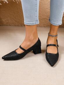 女式粗跟中跟带扣低帮鞋，秋季 - 黑色 - 查看 4