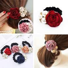 3pcs/Set Korean Fashion Pearl Hair Ties, Rose Flower & Rhinestone Hair Ties, Elastic Hair Rope, Elegant Hair Accessories - Pink - View 2