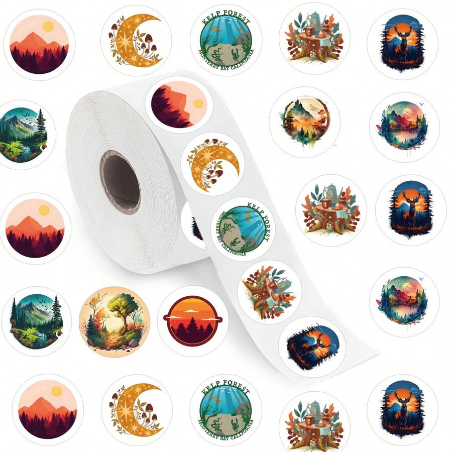 500 件/卷自然風景貼紙,可愛卡通美學 1 英寸標籤貼紙卷,有 10 種不同圖案,用於剪貼簿,自粘密封文具卡信封,兒童禮物,青少年派對用品,激勵,獎勵和鼓勵 - 彩色 - 查看 1