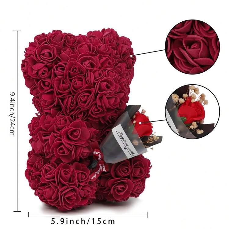 1 peça Urso de Rosa Artificial em PE, Presentes de Dia dos Namorados para Ela, Ursos de Rosa Eternos de 25 cm Feitos à Mão para Namorada, Mãe, Professora, Dia das Mães, Aniversário, Presentes de Formatura - Borgonha - Ver 2
