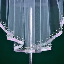 珍珠新娘頭紗婚禮飾品、粉色亮片紗新娘頭紗、閃閃發光的婚禮飾品以及單身派對用品 - 白色 - 查看 6