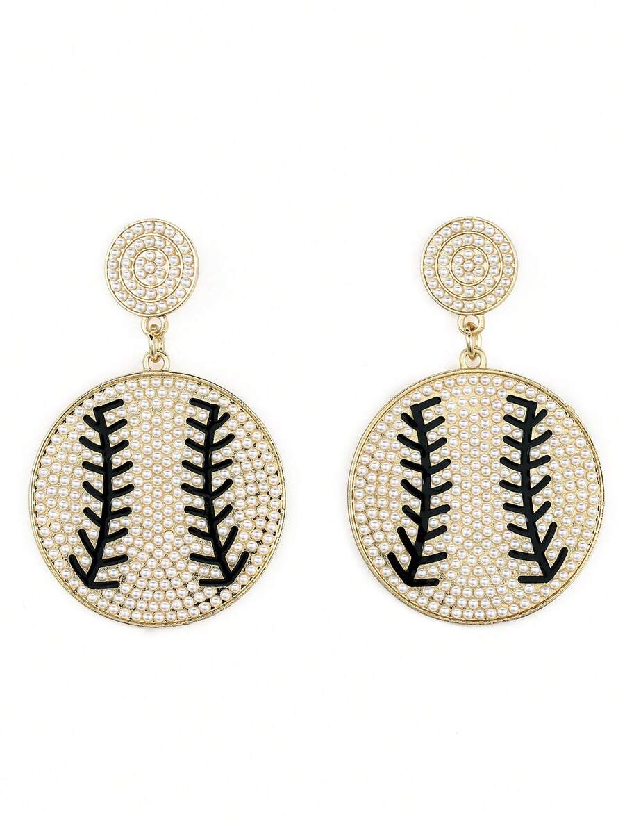 1pair European And American Style Bohemian Beaded Earrings, Circle Baseball & Softball Shaped Dangle Earrings - Black - View 1